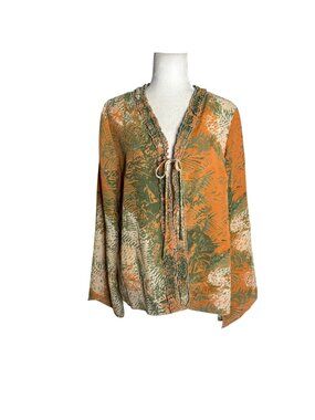 Vintage 90s Ruffle Trim Blouse Tie Front Size 14 Orange Green Lightweight